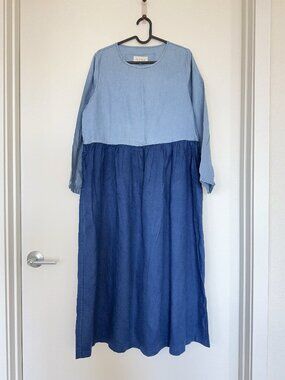 100% Linen Blue/Navy Maxi Long Dress, Patchwork design, Mint condition